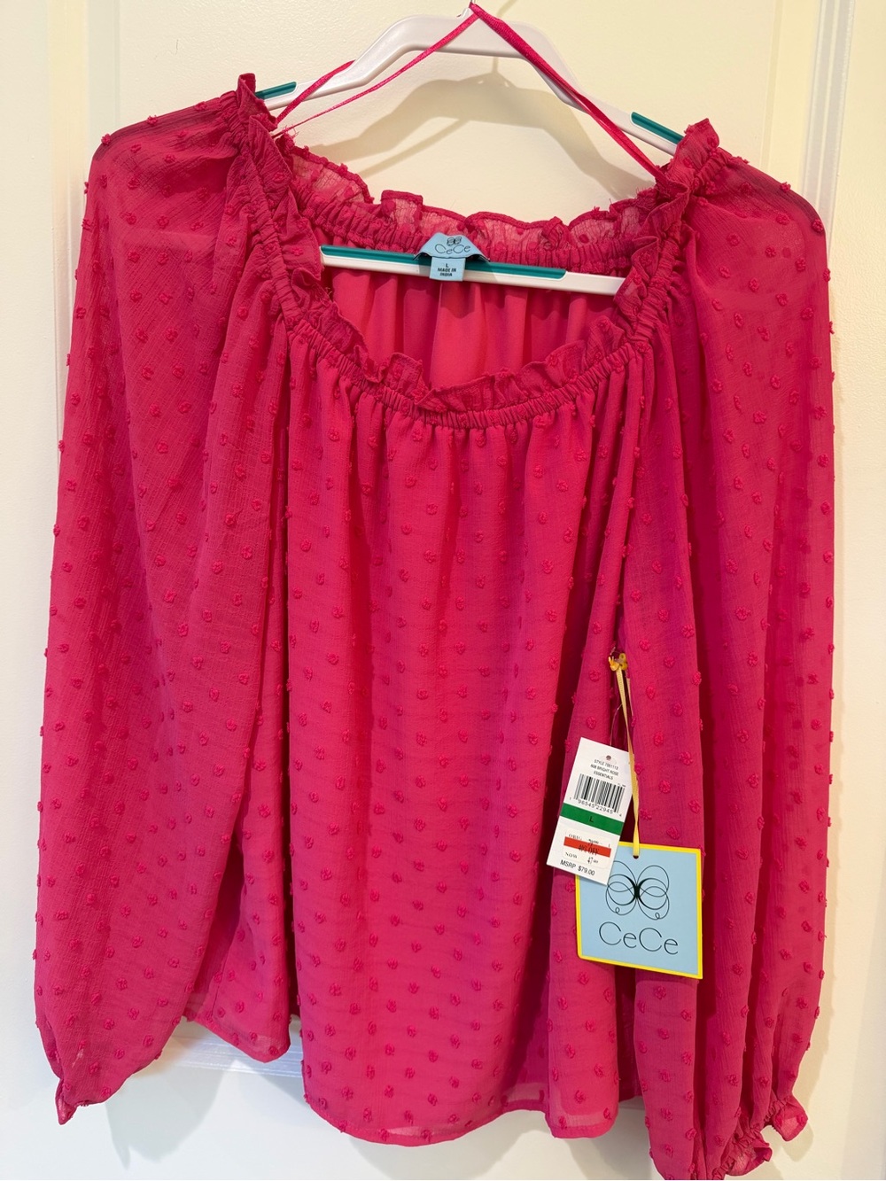 CeCe Off-Shoulder Swiss Dot Blouse in Hot Pink